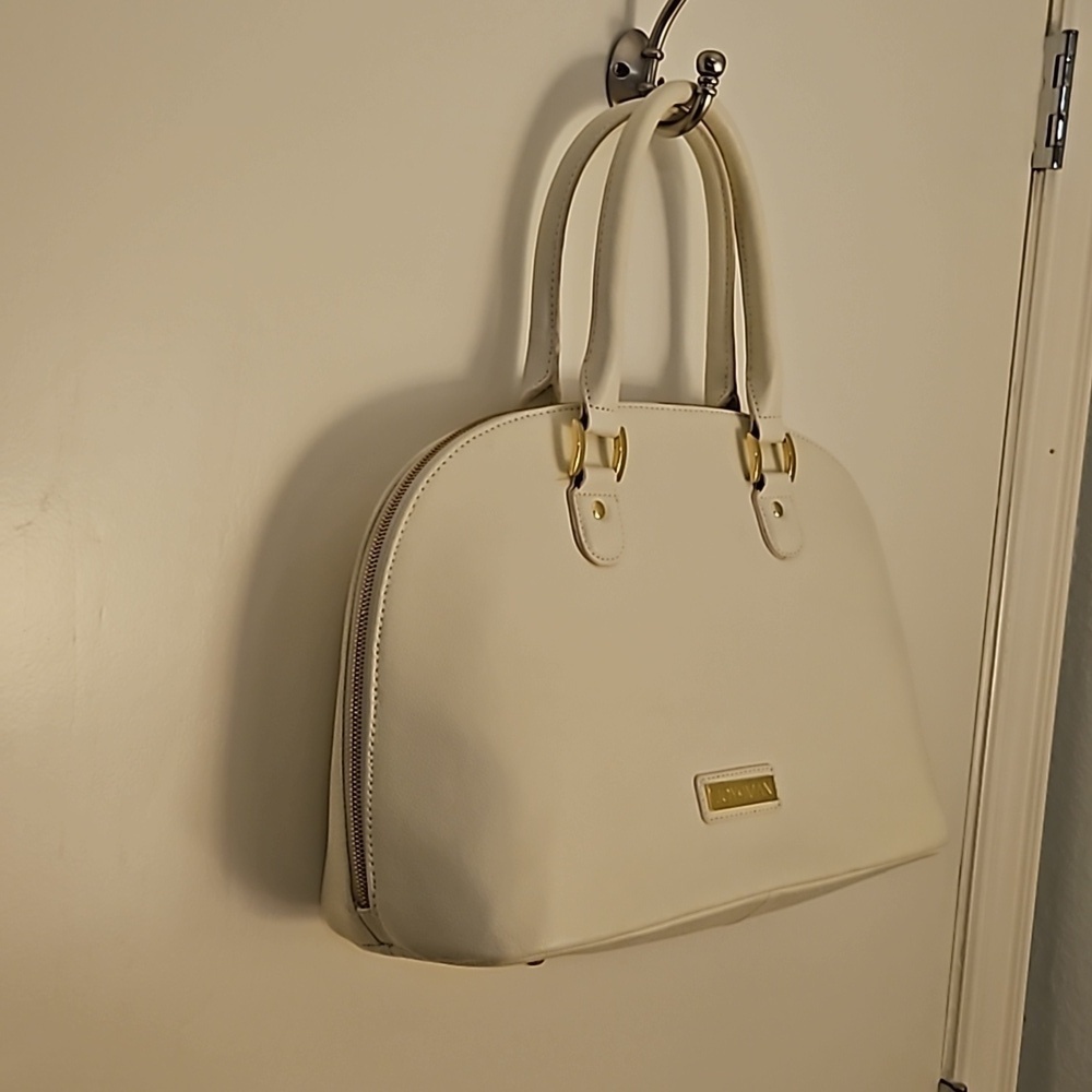 JOY & IMAN Ivory Pebbled SpIit Leather Large Clamshell Satchel Handbag - Picture 3 of 12